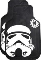 A pair of black rubber floor mats featuring a large white Stormtrooper helmet design and a textured background with an Imperial emblem.