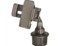 Black car phone mount with adjustable arm.