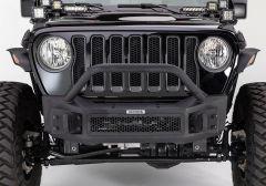 Front view of a black Jeep displaying its distinctive grille, round headlights, and rugged front bumper with LED lights.