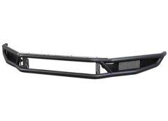 A dark metal car front bumper with a smooth matte finish, featuring a central rectangular opening and a mesh element on one side.