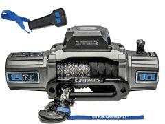 A Superwinch SX 10 winch in metallic gray with blue accents, featuring a wire rope, a front hook, and an attached remote control.