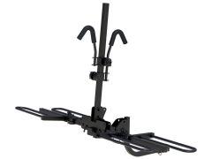 Black bike rack with two hooks.