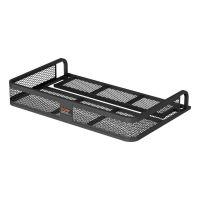 Black metal cargo carrier with mesh bottom and sides.
