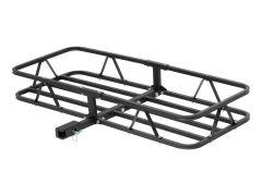 Black metal cargo carrier with hitch attachment.