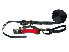 A black ratchet strap with a metallic ratchet mechanism and a red lever, featuring a round loop at one end and the text "RATCHESTRAP" printed in white.