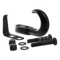 Black metal hook and hardware kit with screws and washers.