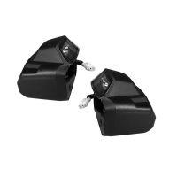 A pair of black light assemblies with angular shapes, clear reflective surfaces, and white connector wires.