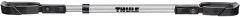 A silver bicycle crossbar adapter with black cradles on each end and the brand name "THULE" displayed on the bar.