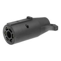 Black cylindrical electrical connector with multiple pins.