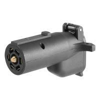 Black cylindrical car starter motor with gold terminal.