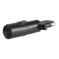 Black power adapter with three prongs and silver tip.