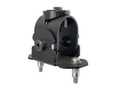 Black metal mount with a cylindrical top and flat base, featuring a central opening and multiple screw threads.