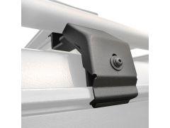 Black metal mounting bracket attached to a white surface, highlighting its angular design and screw hole.