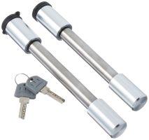 Two silver cylindrical hitch pins with a set of keys.
