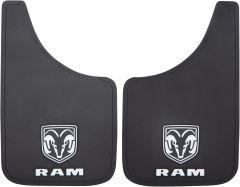 Black rubber vehicle floor mats with the RAM logo and the word "RAM" printed in white.