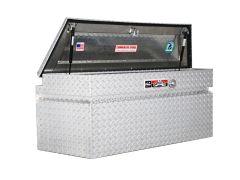Commercial-grade aluminum storage box with a diamond plate texture, featuring a hinged lid and a front lock for security.