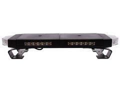 A rectangular emergency vehicle light bar with black casing and amber LED lights, mounted on two metallic brackets.