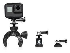 A black action camera mounted on a grip, accompanied by two different mounting bases on a white background.