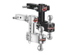Two adjustable trailer hitches, one black and one silver, with ball mounts and "Aluma" branding, placed side by side on a white background.