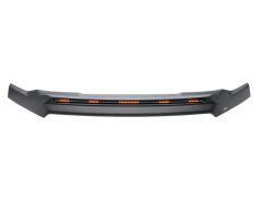 A matte black car hood protector with orange lights in the middle, featuring a sleek, aerodynamic design.