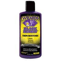 A purple bottle of Wizards Black Renew Trim Restore for automotive use, displaying a yellow label with product features and a stylized wizard graphic.

Transcribed Text:

WIZARDS
BLACK RENEW
TRIM RESTORE
Cleans
Renews
Protects
ALL COLOR EXTERIOR