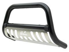 Off-road front bumper with a shiny stainless steel bottom and black powder-coated top, featuring a slotted design and the brand name "Westin."
