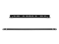 Black metal rack mount bracket with holes and slots.