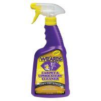 Purple spray bottle labeled "Wizards Carpet & Upholstery Cleaner," featuring a trigger nozzle and information about stain and odor removal.

Transcribed Text:

WIZARDS
CARPET & UPHOLSTERY CLEANER
STAIN & ODOR REMOVER
General Cleaning
Food - Coffee