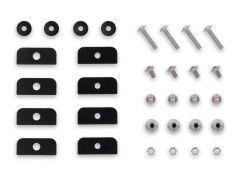 Arrangement of hardware on a white background: eight flat black brackets, washers, screws, bolts and nuts. Industrial and organized appearance.