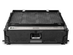 Front view of a Decked truck bed storage drawer system with a patterned top surface and branded drawer.