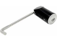 Black cylinder lock with silver hook and keyhole.