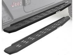 Image of two Jeep Wrangler running boards: one with a textured surface and cutouts above, and one with a smooth finish and elongated cutouts below.