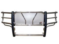 Chrome vehicle grille guard with horizontal bars and a hexagonal mesh center, surrounded by black rubber edges.