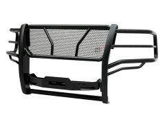Black metal front bumper guard with a mesh grille and multiple bars for vehicle protection, featuring a sturdy rectangular design.