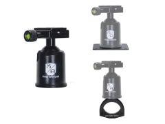Three views of a Mob Armor black camera mount with a cylindrical body, a swiveling arm, a spirit level, and a base for attachment.