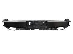 A rugged black vehicle front bumper with diamond-plate detailing and side cut-outs for mounting accessories.