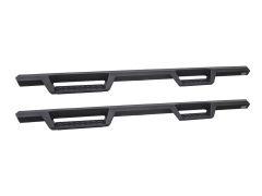 Two black vehicle running boards with a non-slip surface and angled ends, designed to assist passengers.