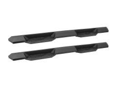 A pair of black vehicle running boards with a textured surface and angular edges, positioned parallel on a white background.
