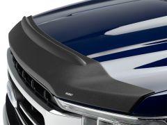 Close-up of a black hood deflector on a vehicle's hood, showcasing a glossy blue finish underneath.