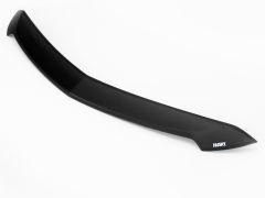 Low-profile dark smoke hood shield with aerodynamic wraparound design for vehicle-specific protection against bugs and road debris.