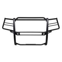 A black heavy-duty front bumper guard with horizontal bars and mesh cutouts, designed for vehicle protection.