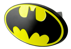 Black Batman logo hitch cover on a yellow oval background.