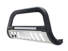A polished stainless steel and black bull bar with integrated LED lights, designed for vehicle protection.
