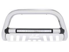 Chrome bull bar for vehicles with an integrated LED light bar and the brand name "Westin" displayed.