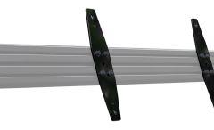 Two black metal brackets attached to a rail.