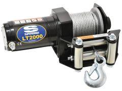 An electric winch, Superwinch LT2000, with a black body, steel cable, and silver hook, designed for off-road recovery.

Transcribed Text:

WARNING: Avoid cable injury. Keep clear.