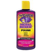 A purple bottle of Wizards Metal Renew Polish with a yellow cap. The label features the brand name, product benefits, and cautionary statement.

Transcribed Text:

WIZARDS
METAL RENEW
POLISH
CLEANS
SHINES
PROTECTS
QUICKLY REMOVES OXIDATION LEAVE