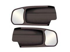 Two black car side mirrors with silver reflective glass.