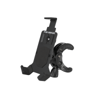 Black phone mount with a clamp mechanism for secure attachment, featuring an adjustable top platform.