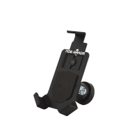 A black mobile phone holder with a clip for attachment, featuring an adjustable mount and a textured back for grip.